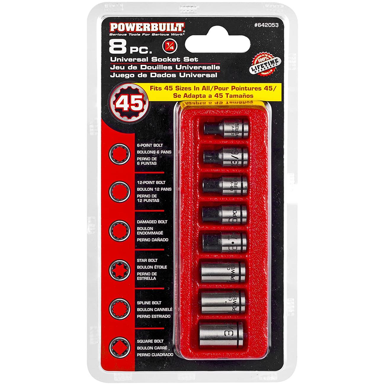 Powerbuilt 8-Piece 1/4-Inch Drive Universal Spline Socket Set with Dual Finish – Fits SAE, Metric, Hex, 6-Point, 12-Point, E-Torx, Spline, and Square Fasteners - 642053