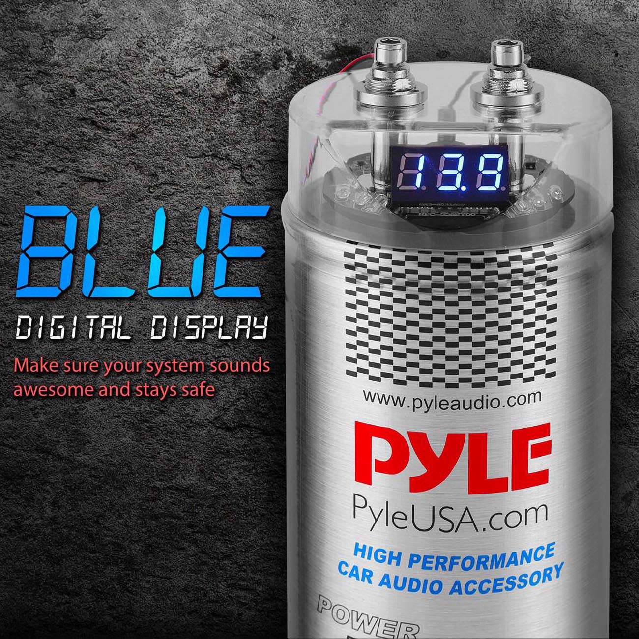 Pyle 5.0 Farad Digital Power Capacitor - High-Performance Car Audio Accessory with Blue Digital Display, Voltage Readout, Over Voltage Protection, Mounting Hardware, DC 12-24V - PLCAPE50