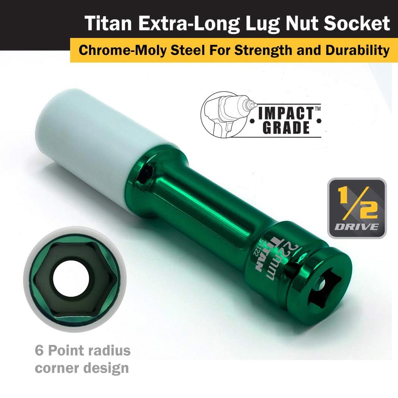 Titan 21122 1/2-Inch Drive x 22mm Non-marring Impact Extra-Long Lug Nut Socket