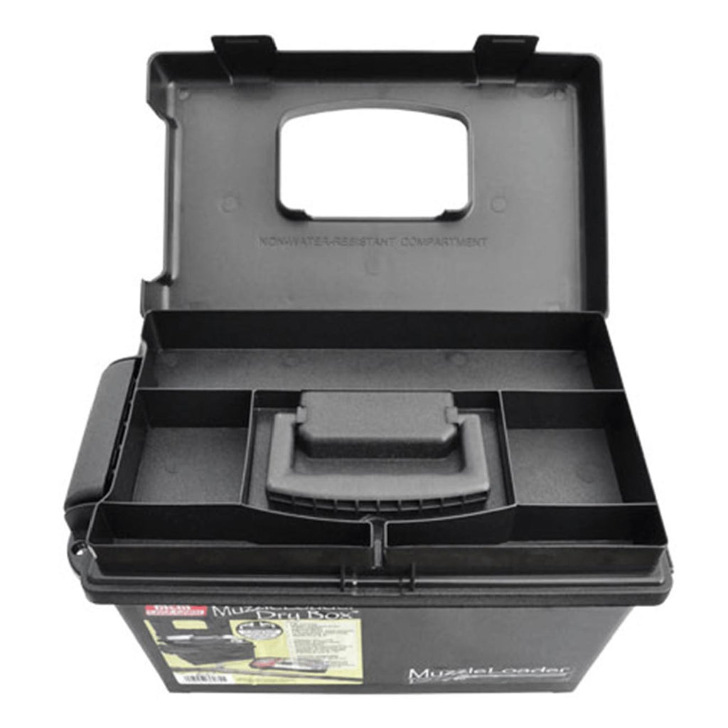 MTM ML1-40 Muzzle Loader Dry Box Black powder and powder storage Roomy base, weather resistant, O-ring seal Thick side-wall construction, heavy duty latch and padlock tabs Black