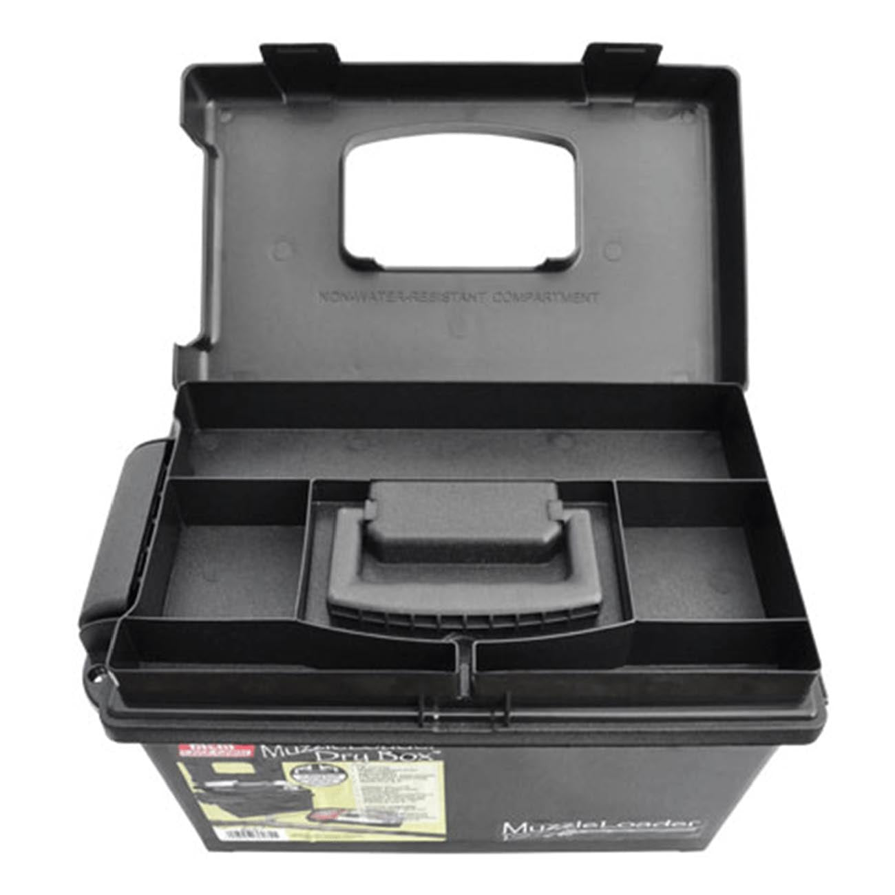MTM ML1-40 Muzzle Loader Dry Box Black powder and powder storage Roomy base, weather resistant, O-ring seal Thick side-wall construction, heavy duty latch and padlock tabs Black
