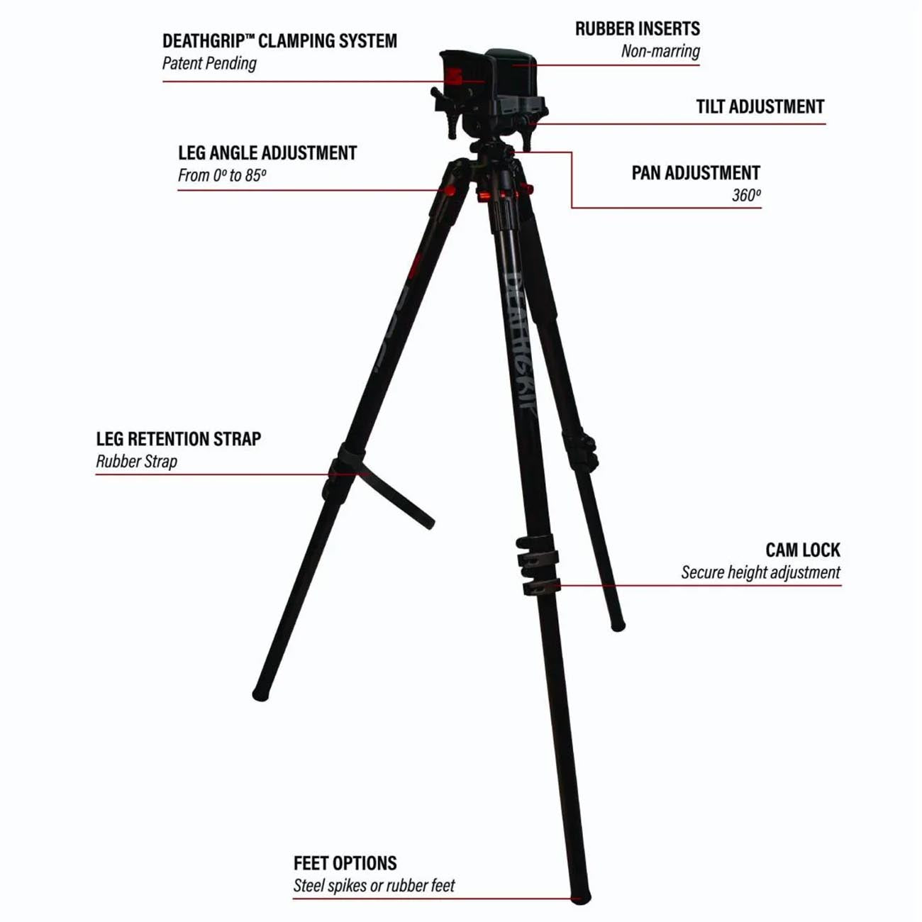BOG DeathGrip Aluminum Tripod with Durable Aluminum Frame, Lightweight, Stable Design, Bubble Level, Adjustable Legs, Shooting Rest, and Hands-Free Operation for Hunting, Shooting, and Outdoors