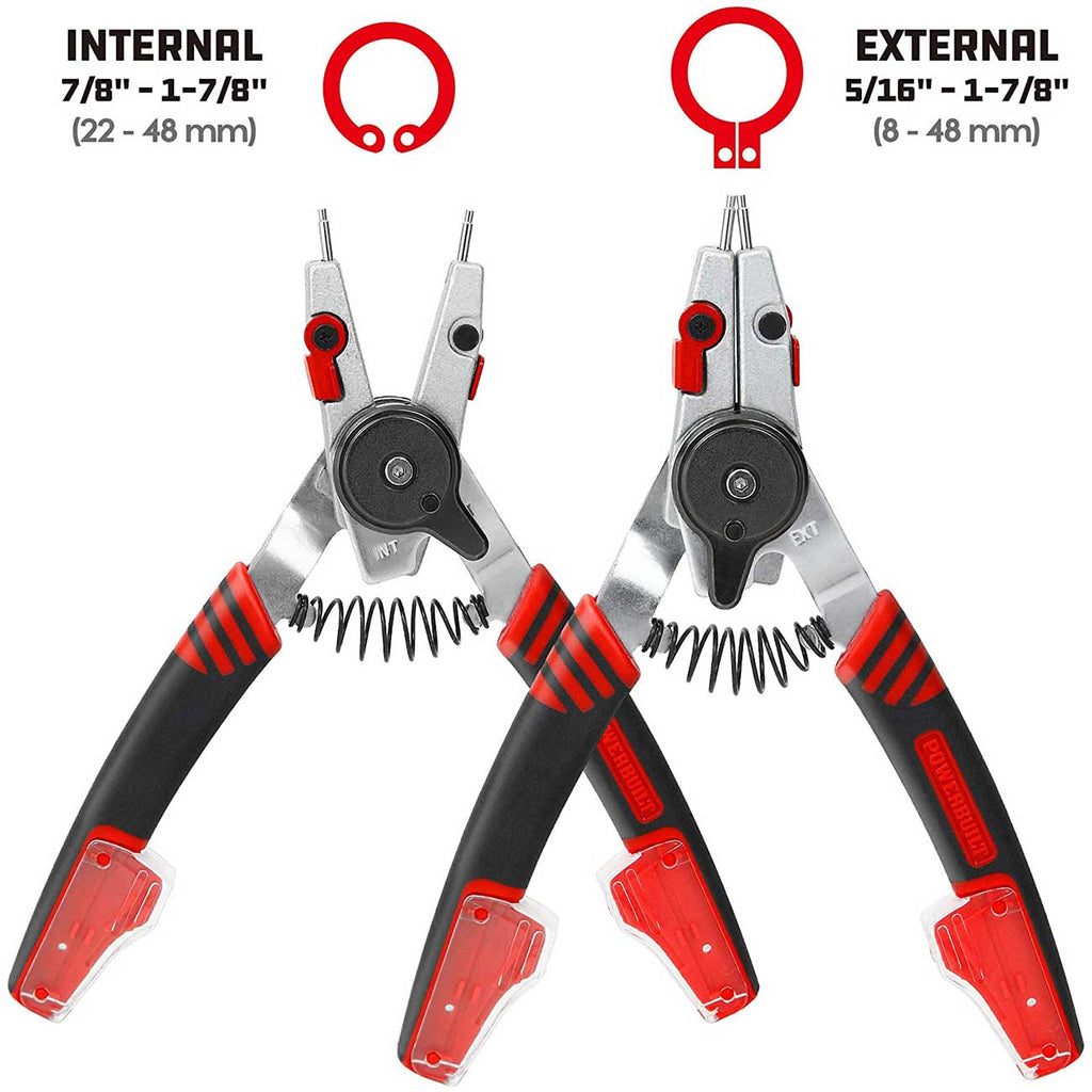 Powerbuilt Snap Ring Pliers with Combination Internal External Switch, Reversible, Remove and Install, Spring Loaded, Tips Included - Red 941336