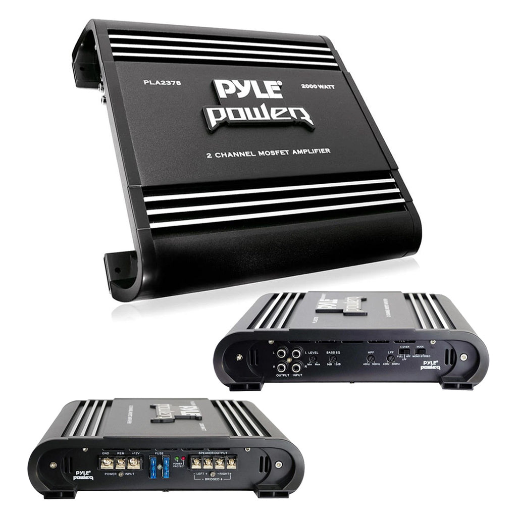 Pyle 2 Channel Car Stereo Amplifier - 2000W High Power Dual Channel Bridgeable Audio Sound Auto Small Speaker Amp Box w/ MOSFET, Crossover, Bass Boost Control, Silver Plated RCA Input Output-PLA2378