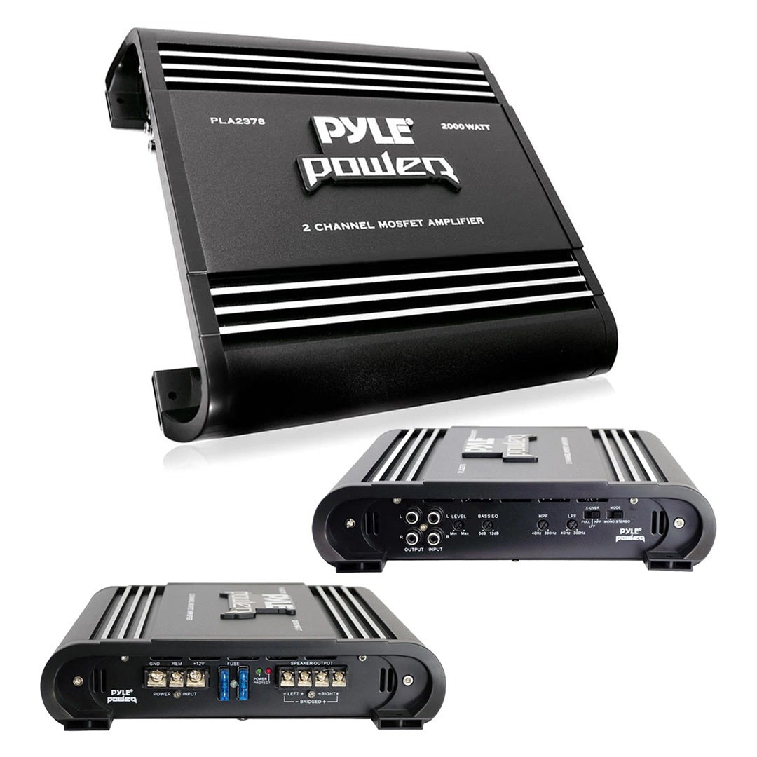 Pyle 2 Channel Car Stereo Amplifier - 2000W High Power Dual Channel Bridgeable Audio Sound Auto Small Speaker Amp Box w/ MOSFET, Crossover, Bass Boost Control, Silver Plated RCA Input Output-PLA2378