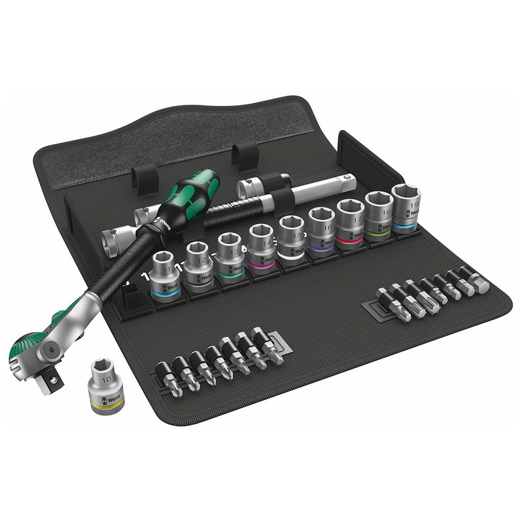 Wera 05004076001 Zyklop Speed 1/2″ Drive Ratchet Set – 29‑Piece Metric Socket & Bit Set with Extensions, Bit Adapter & Textile Case