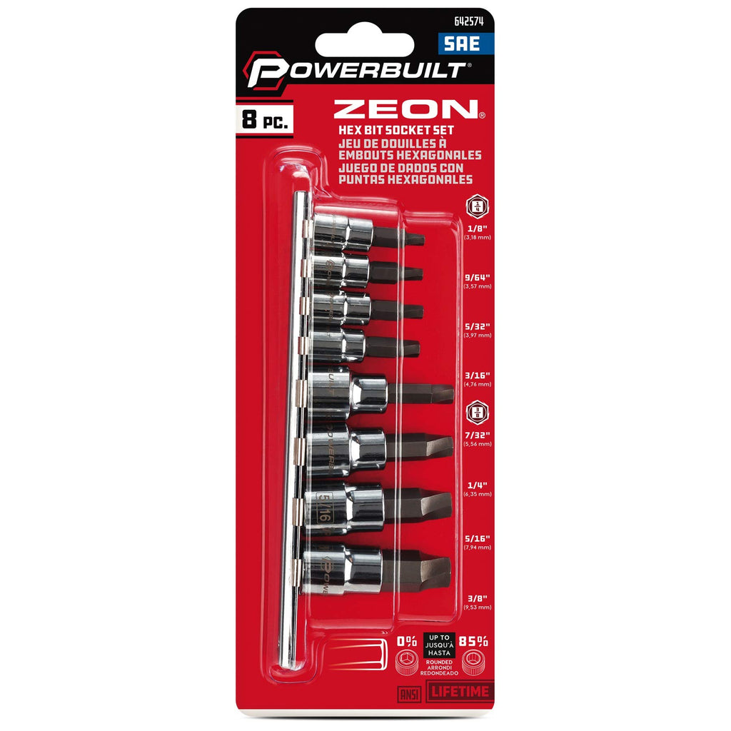 Powerbuilt 240093 8 Piece Zeon SAE Hex Bit Socket Set - with use for Damaged Fasteners, Standard, Rusted, Rounded Bolts,Size from 1/8" to 3/8"