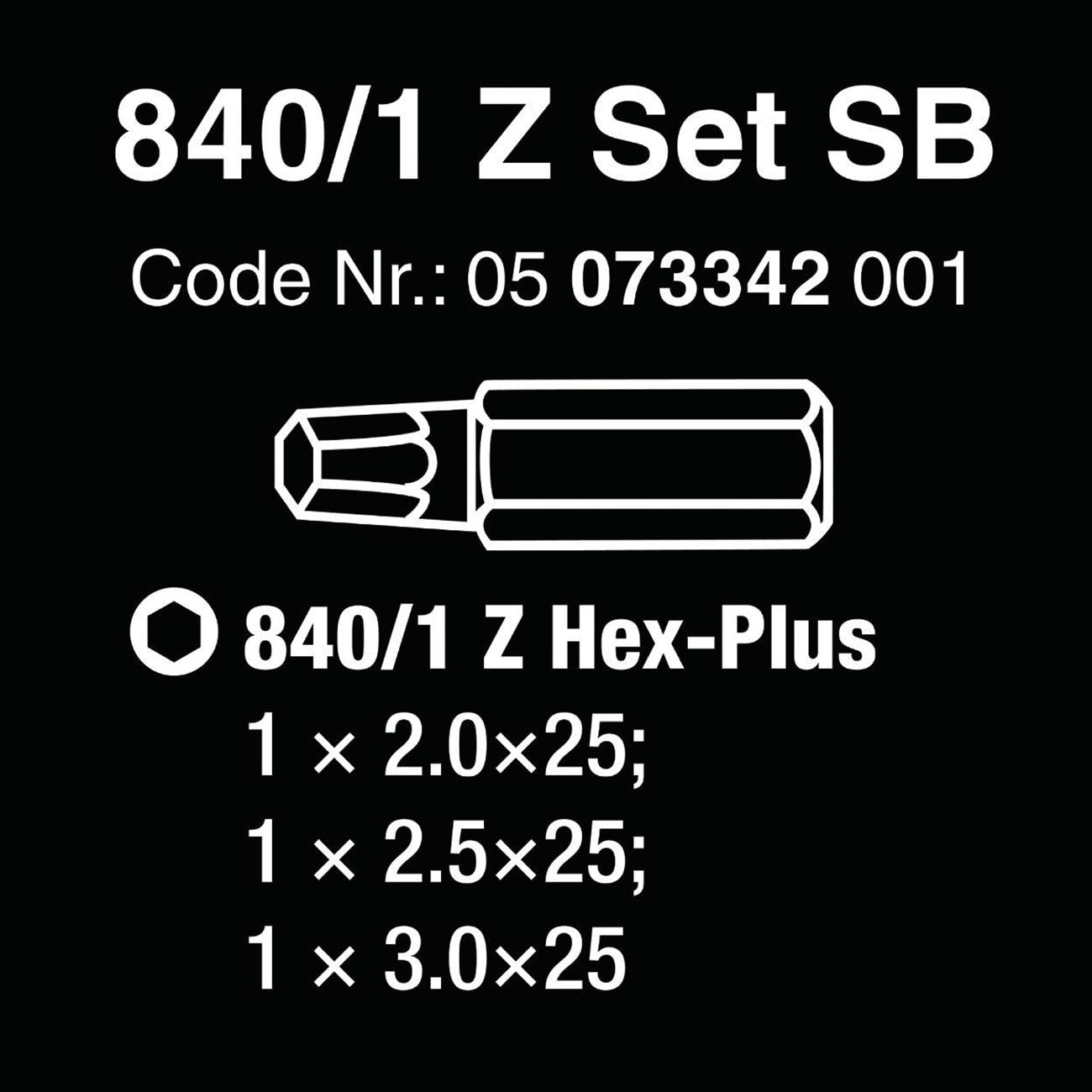 Wera Tools 05073342001 840/1 Z SW 2.0/2.5/3.0 SET A SB BITS ASSORTMENT