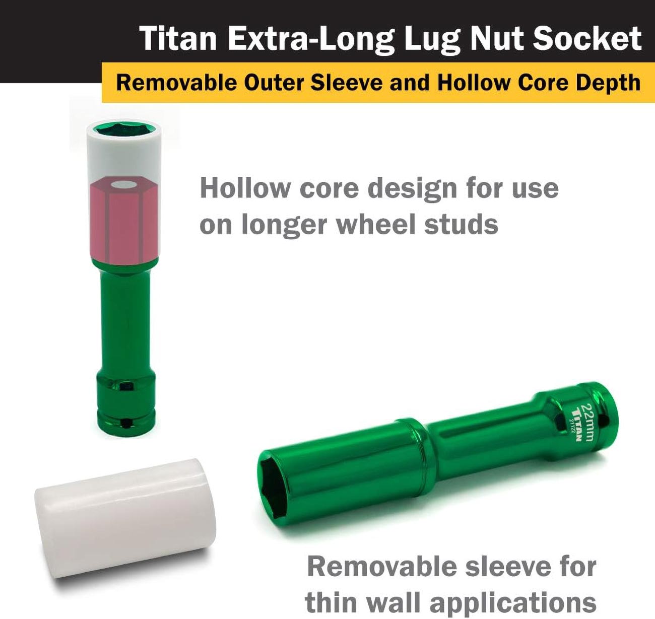 Titan 21122 1/2-Inch Drive x 22mm Non-marring Impact Extra-Long Lug Nut Socket