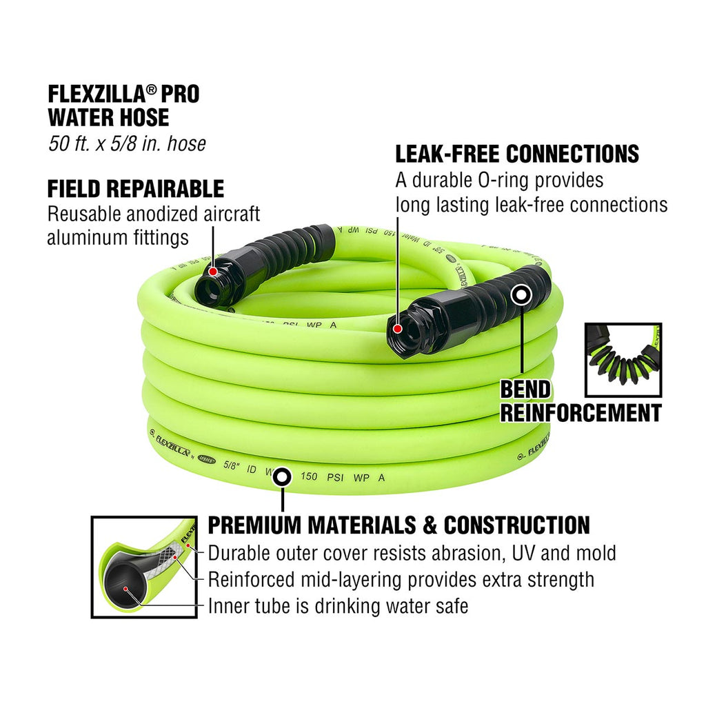 Flexzilla Pro Water Hose with Reusable Fittings, 5/8 in. x 50 ft., Heavy Duty, Lightweight, Drinking Water Safe, ZillaGreen - HFZWP550-E