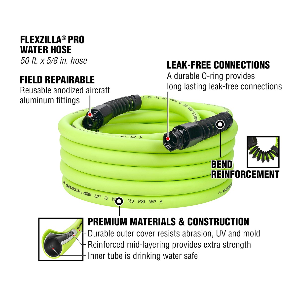Flexzilla Pro Water Hose with Reusable Fittings, 5/8 in. x 50 ft., Heavy Duty, Lightweight, Drinking Water Safe, ZillaGreen - HFZWP550-E