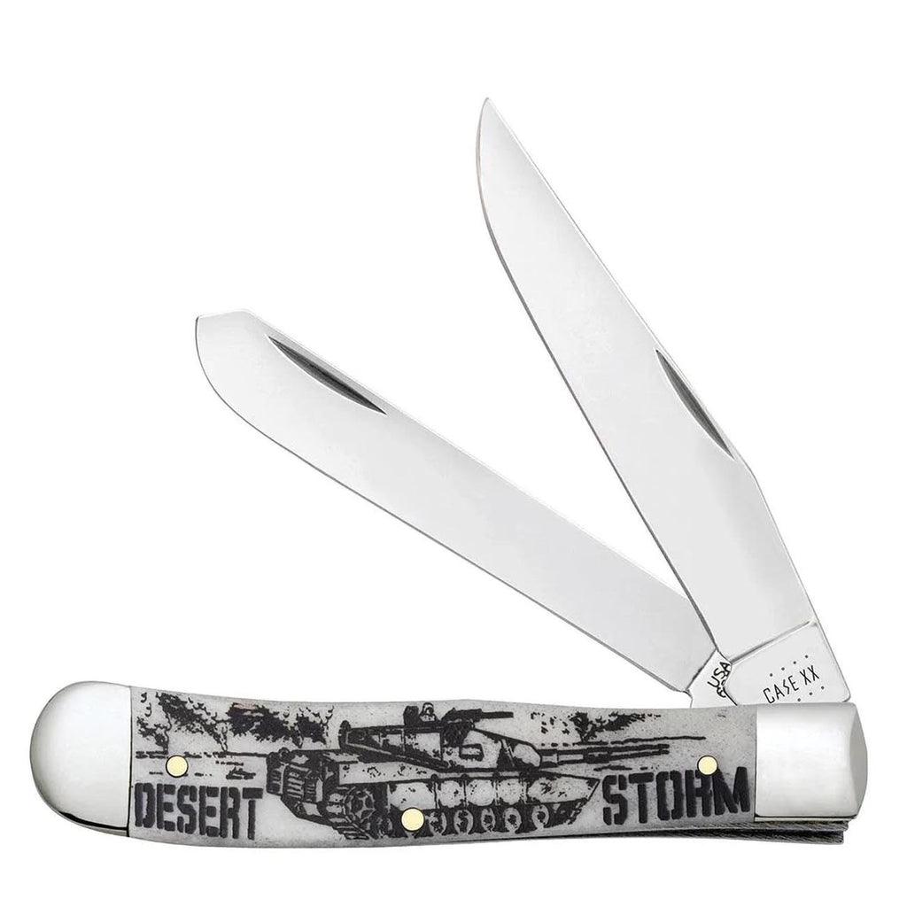 Case XX WR POCKET KNIFE TRAPPER - DESERT STORM - EMBELLISHED SMOOTH NATURAL BONE, ITEM 50953, LENGTH CLOSED 4 1/8 INCH (6254 SS)