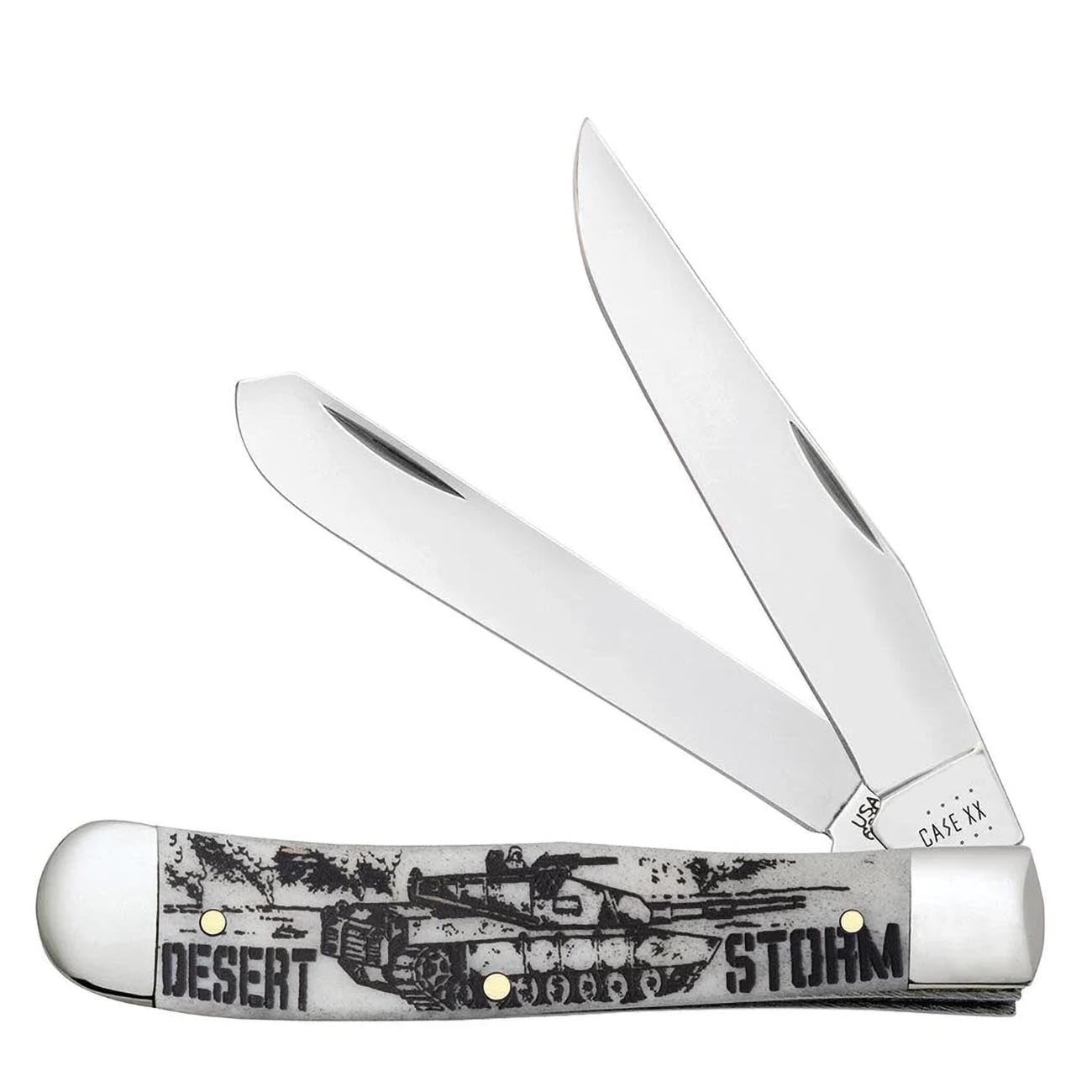 Case XX WR POCKET KNIFE TRAPPER - DESERT STORM - EMBELLISHED SMOOTH NATURAL BONE, ITEM 50953, LENGTH CLOSED 4 1/8 INCH (6254 SS)