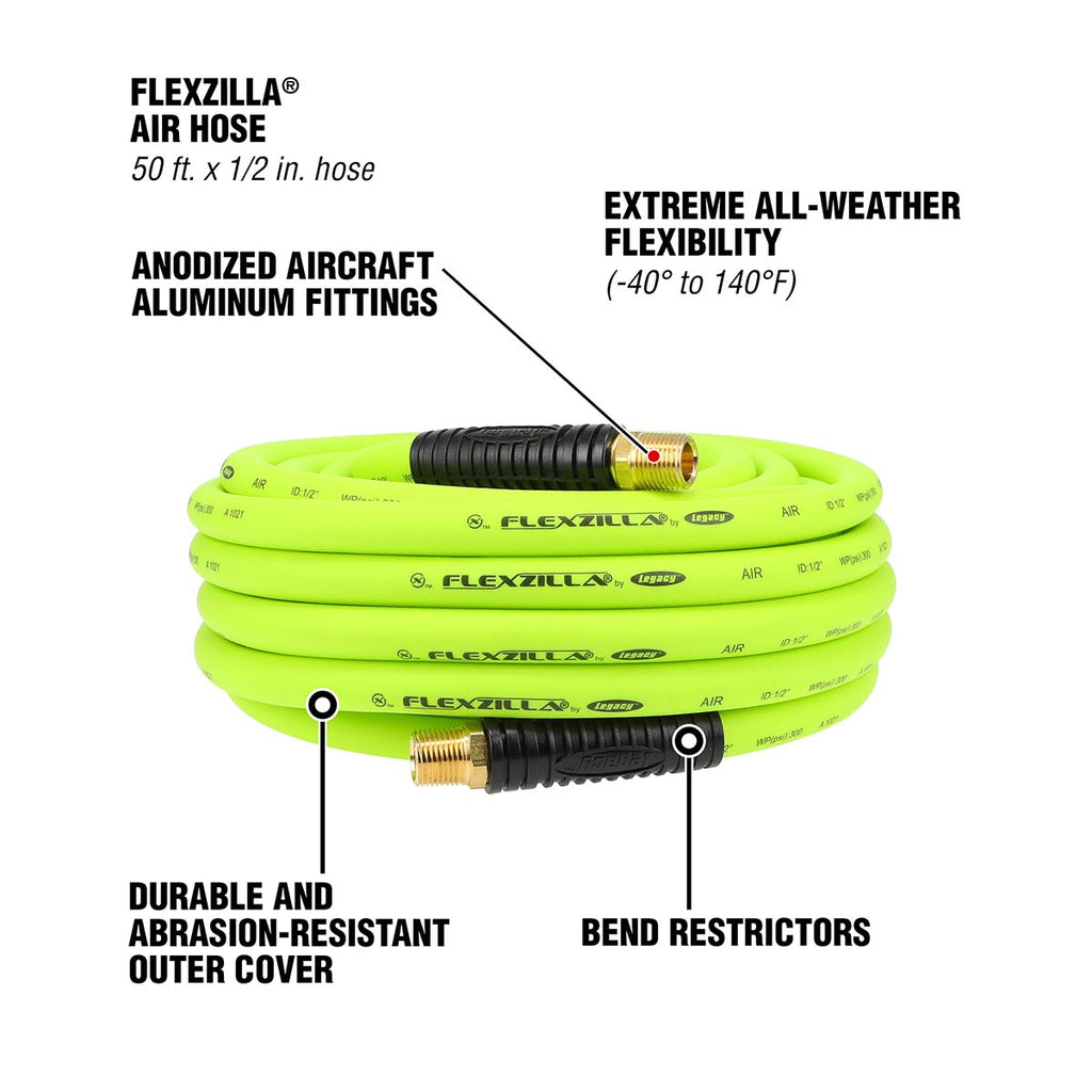 Flexzilla Air Hose, 1/2 in. x 50 ft., 1/2 in. MNPT Fittings, Heavy Duty, Lightweight, Hybrid, ZillaGreen - HFZ1250YW4
