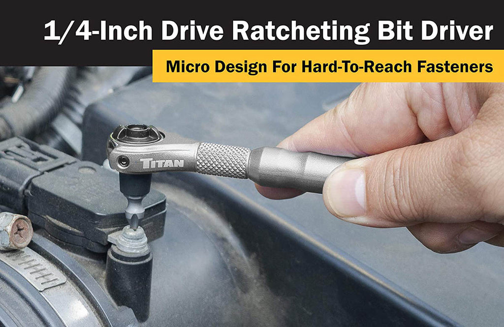 Titan 11318 1/4-Inch Drive x 4-Inch 90-Tooth Swivel Head Micro Ratcheting Bit Driver - Silver