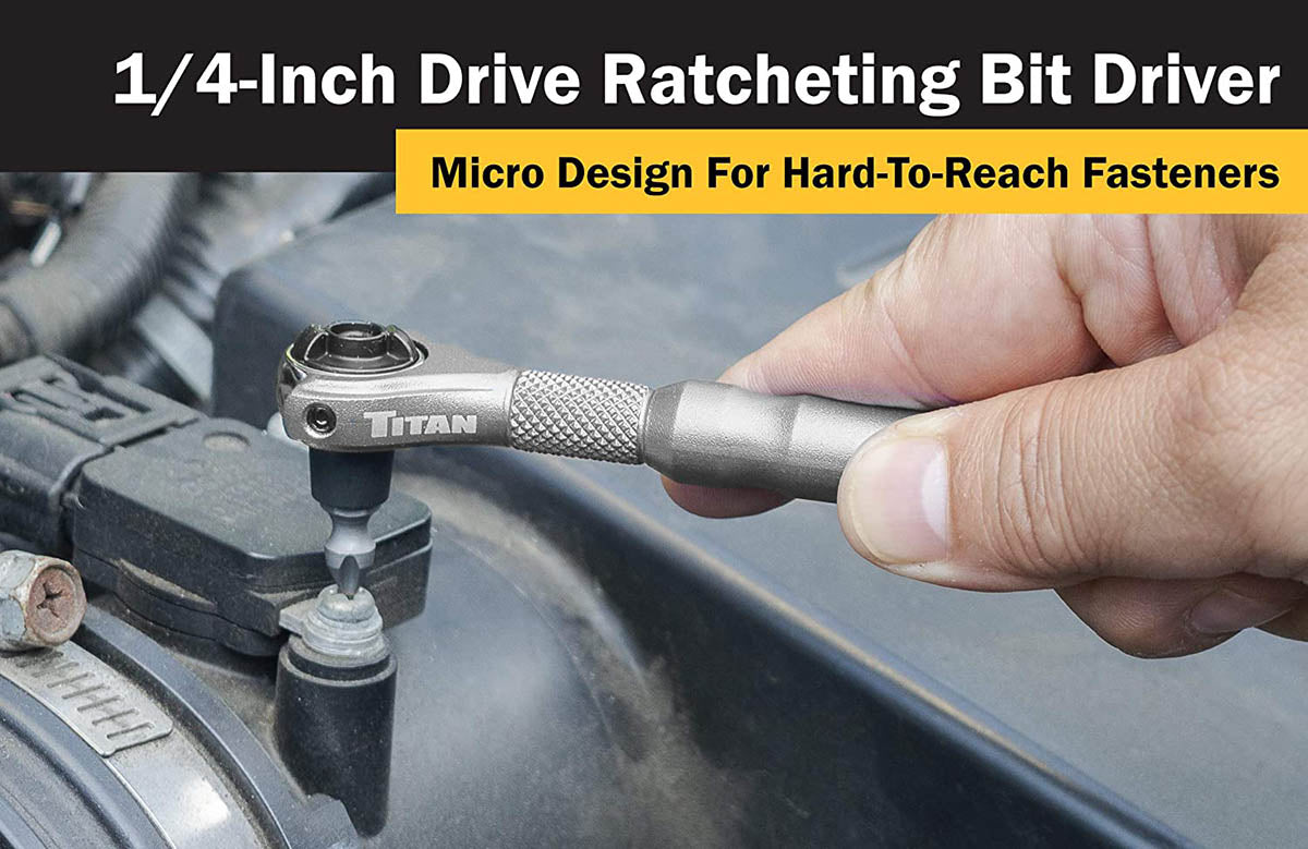 Titan 11318 1/4-Inch Drive x 4-Inch 90-Tooth Swivel Head Micro Ratcheting Bit Driver - Silver