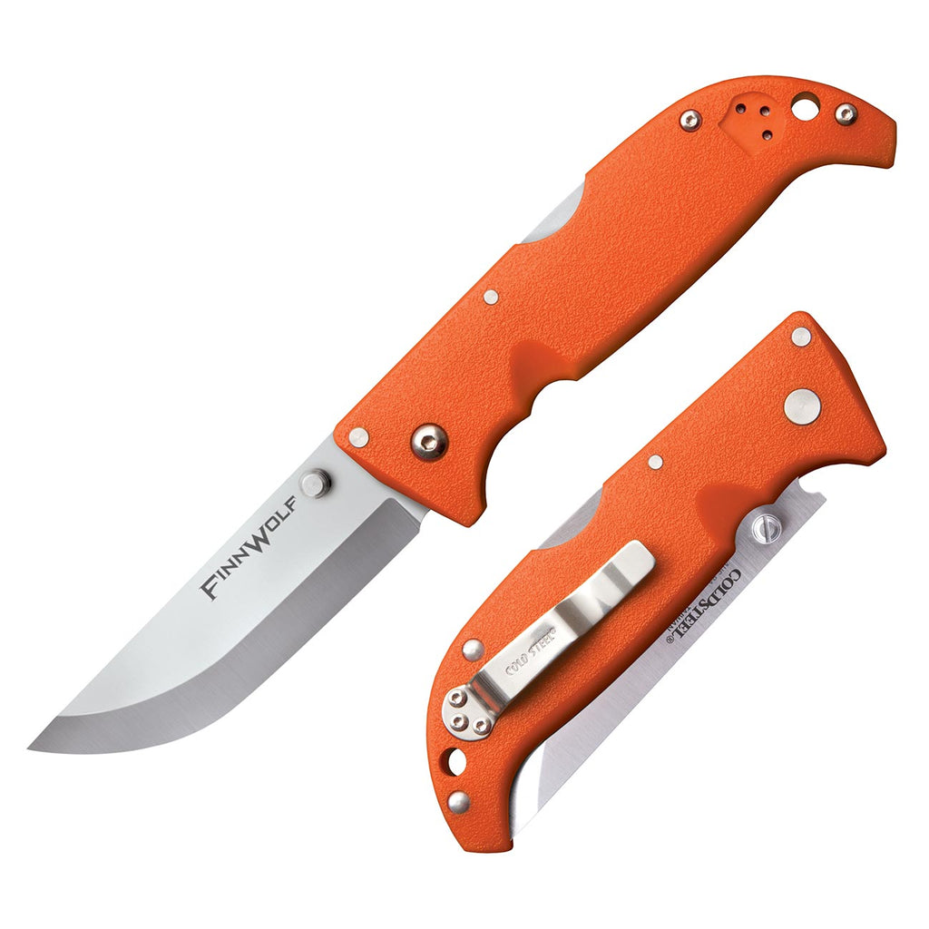 Cold Steel Finn Wolf 3.5in AUS8A Razor-Sharp Straight Back Blade 4.375in Griv-Ex Blaze Orange Handle Hunting Folding Knife, Boxed