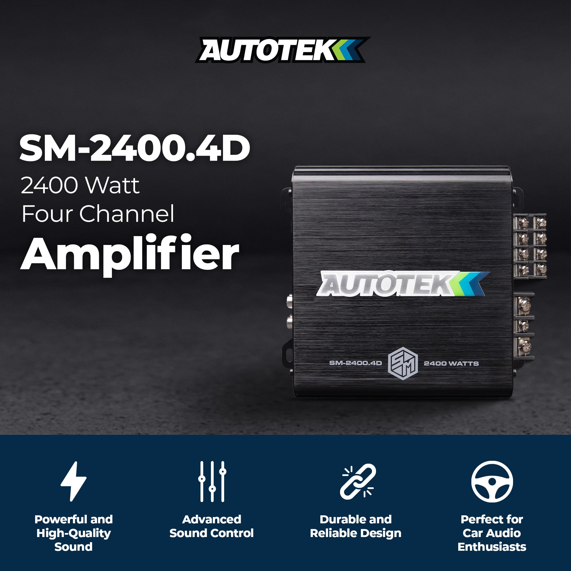 Autotek 2400 Watt 4 Channel Car Audio Amplifier with Bass Knob, High Output Class D Mono Bridged 4 Ohm Stable Input, Street Machine, SM-2400.4D, Black
