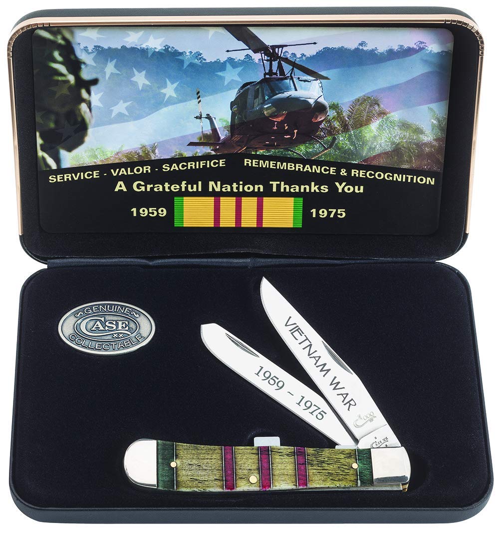 Case WR XX Pocket Knife Vietnam War Trapper Gift Set - Natural Bone W/Grn/Yellow/Red Item #22040 - (6254 SS) - Length Closed: 4 1/8 Inches