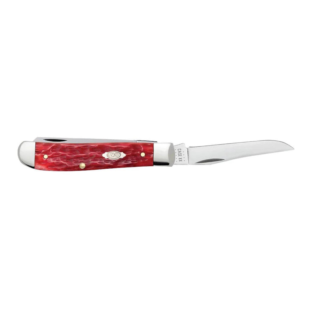Case Knives Peach Seed Jig Dark Red Bone Mini Trapper Pocket Knife 31952 – Carbon Steel Clip & Spey Blades, Traditional Folding Knife, 3.5” Closed