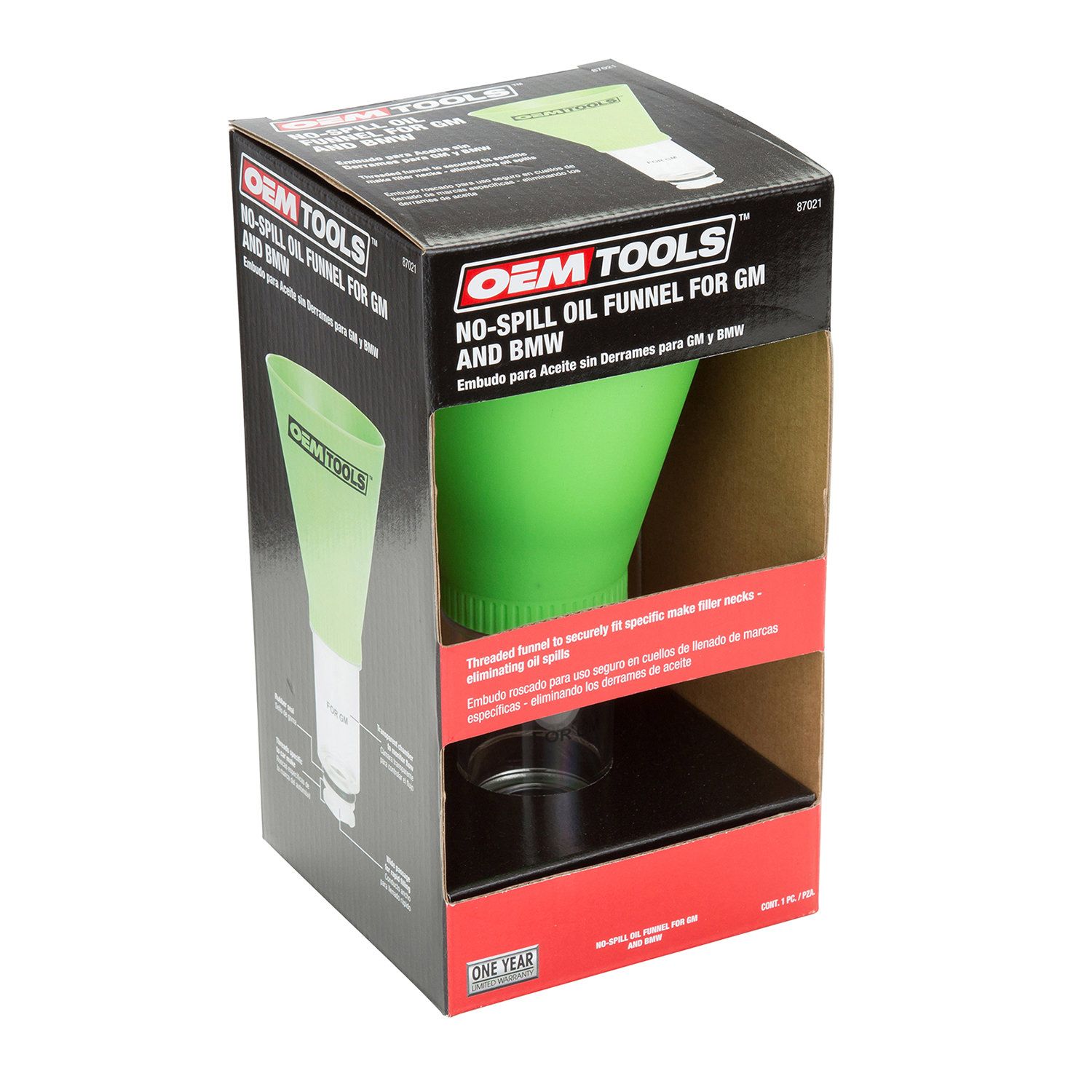 OEMTOOLS 87021 Direct Fit Oil Funnel, Threaded for GM, BMW, and More, No-Spill Automotive Funnel with Transparent Chamber and Wide Flow Passage