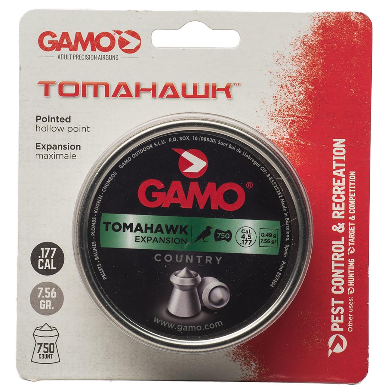 Gamo Tomahawk .177 Cal, 7.8 Grains, Hollow Point, 750ct