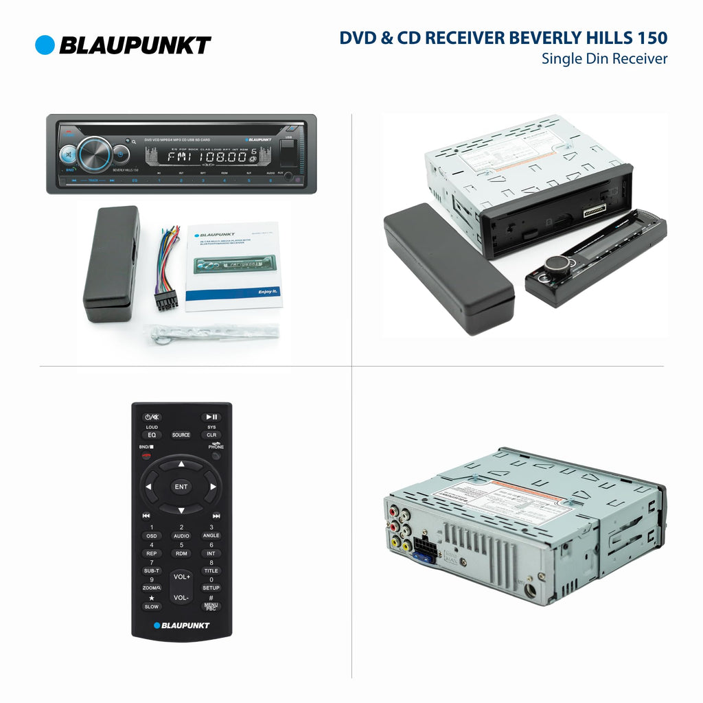 BLAUPUNKT Beverly Hills 150 Multimedia Car Stereo - 120W Peak Power, Bluetooth Connectivity, Hands-Free Calling, Detachable Faceplate, DVD & CD Receiver, USB/SD, AM/FM, Remote Control - Black