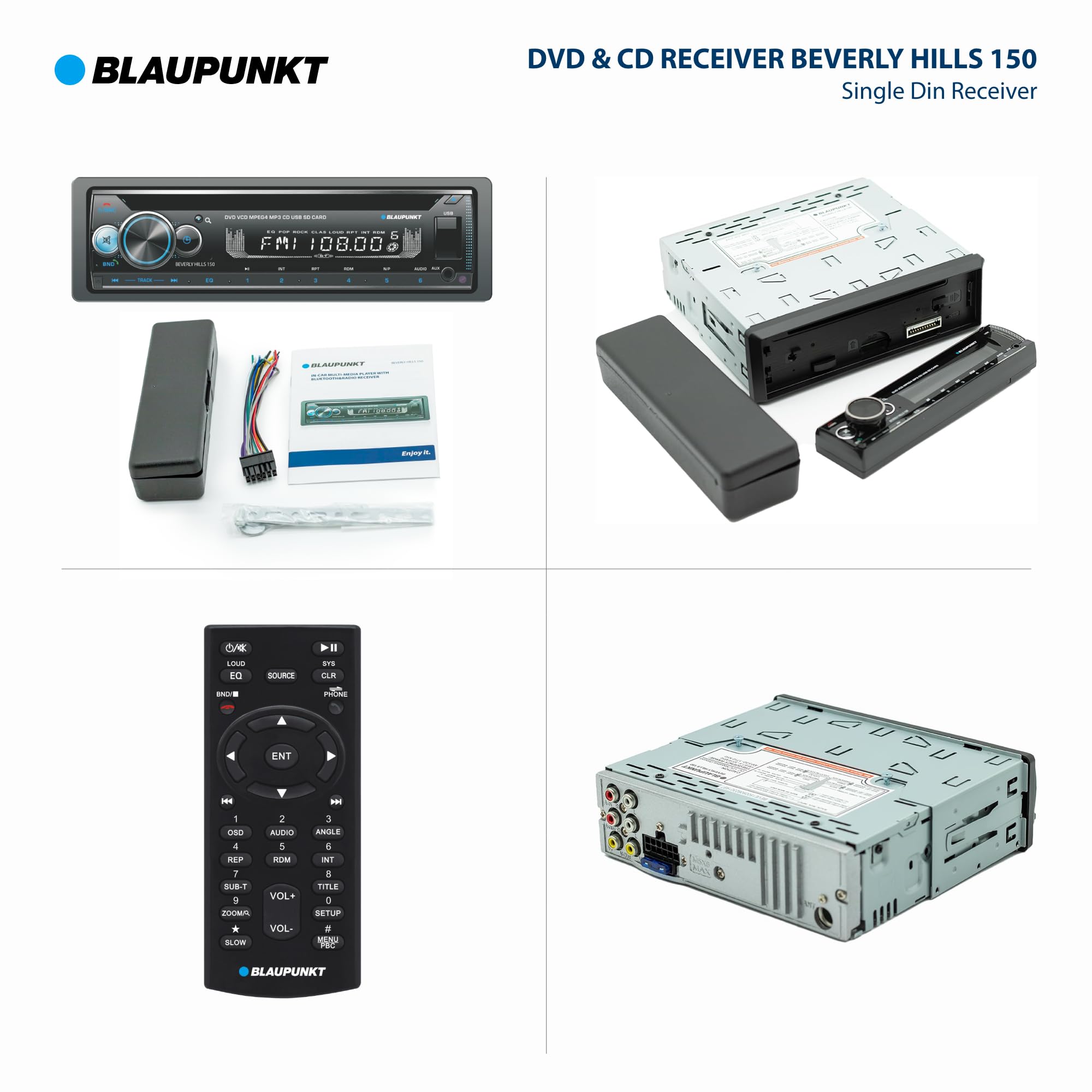 BLAUPUNKT Beverly Hills 150 Multimedia Car Stereo - 120W Peak Power, Bluetooth Connectivity, Hands-Free Calling, Detachable Faceplate, DVD & CD Receiver, USB/SD, AM/FM, Remote Control - Black