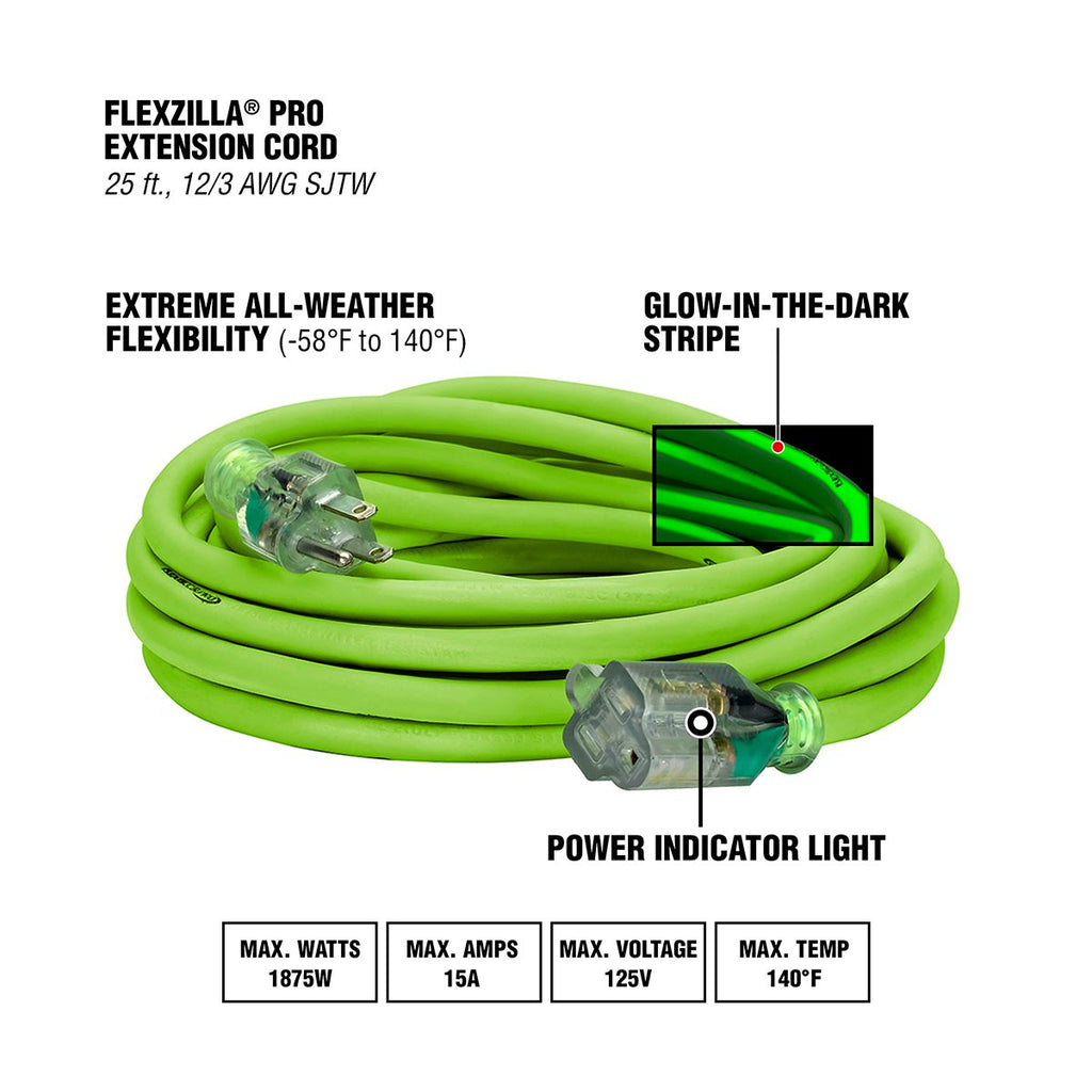 Flexzilla Pro Extension Cord, 12/3 AWG SJTW, 25 ft., Lighted Plug, Indoor/Outdoor, ZillaGreen - FZ512825