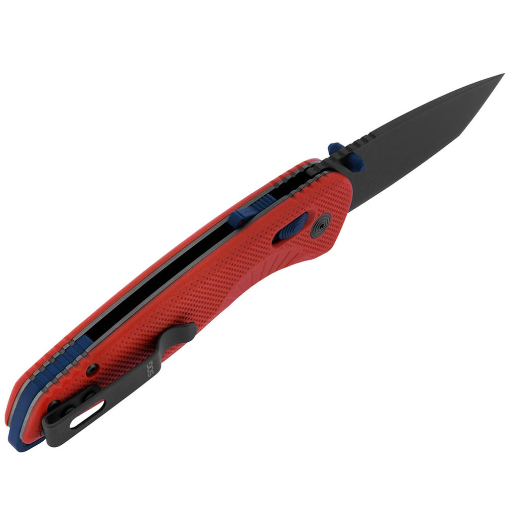 SOG Aegis AT Tanto Outdoor Pocket Folding Opening Knife, Ambidextrous AT-XR Lock With Ergonomic Handle,D2 Steel Blade,Built-In Blade Locking Safety and Spine-Mounted Safety System, Rescue RED & Indigo