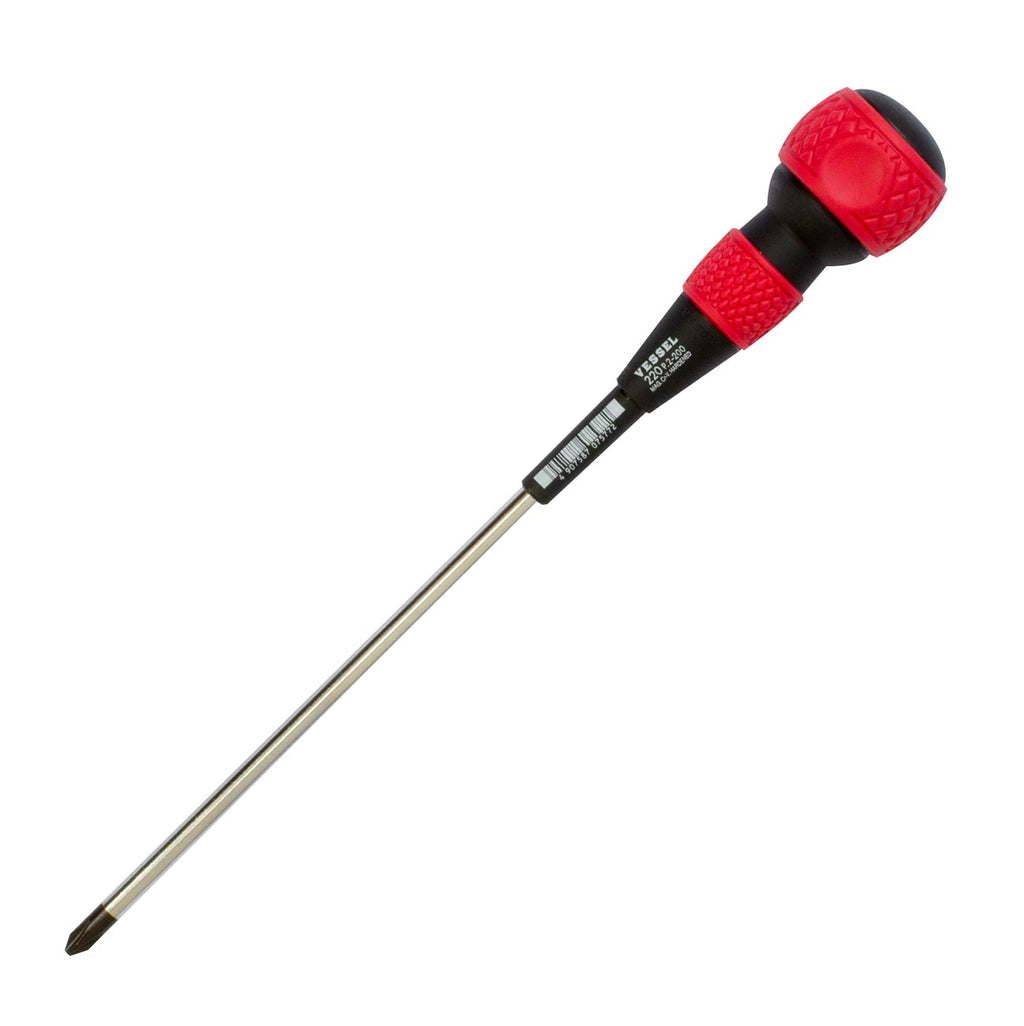 Vessel 220P2200 Ball Grip Screwdriver – Phillips #2 x 200mm JIS Precision Driver, Long Reach Ergonomic Ball Handle, Magnetized Tip Professional Hand Tool