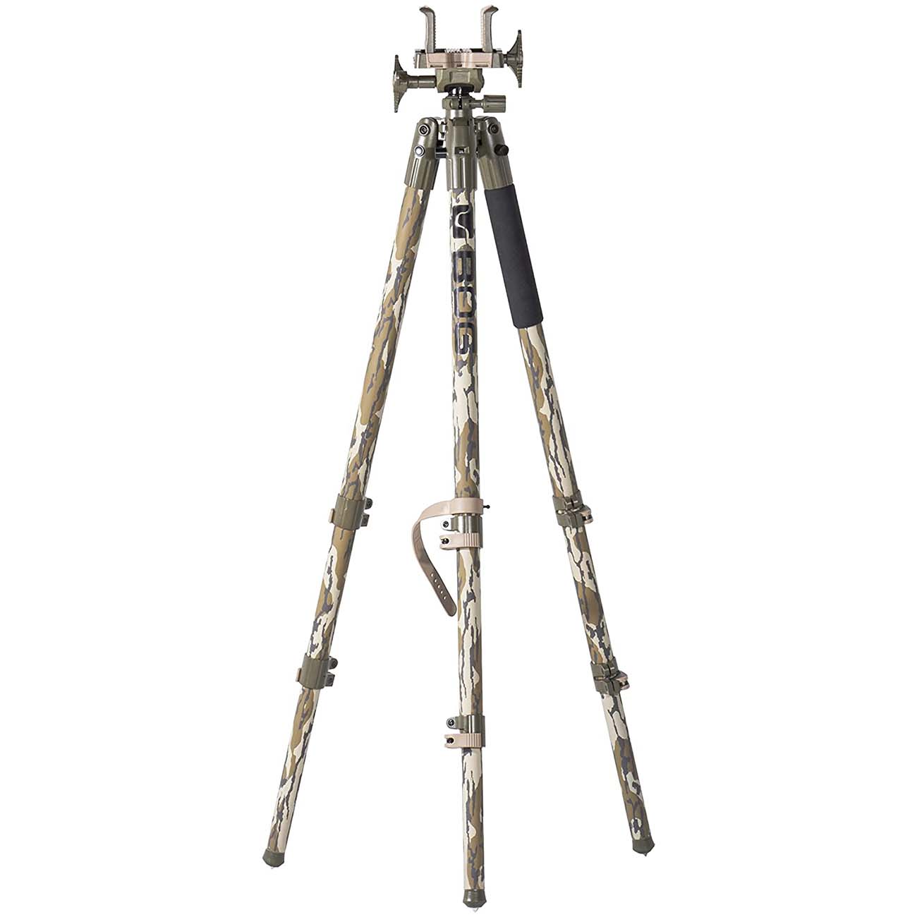 BOG DeathGrip Mossy Oak Bottomland Camo Tripod with Durable Aluminum Frame, Lightweight, Stable Design, Bubble Level, Adjustable Legs, and Hands-Free Operation for Hunting, Shooting, and Outdoors