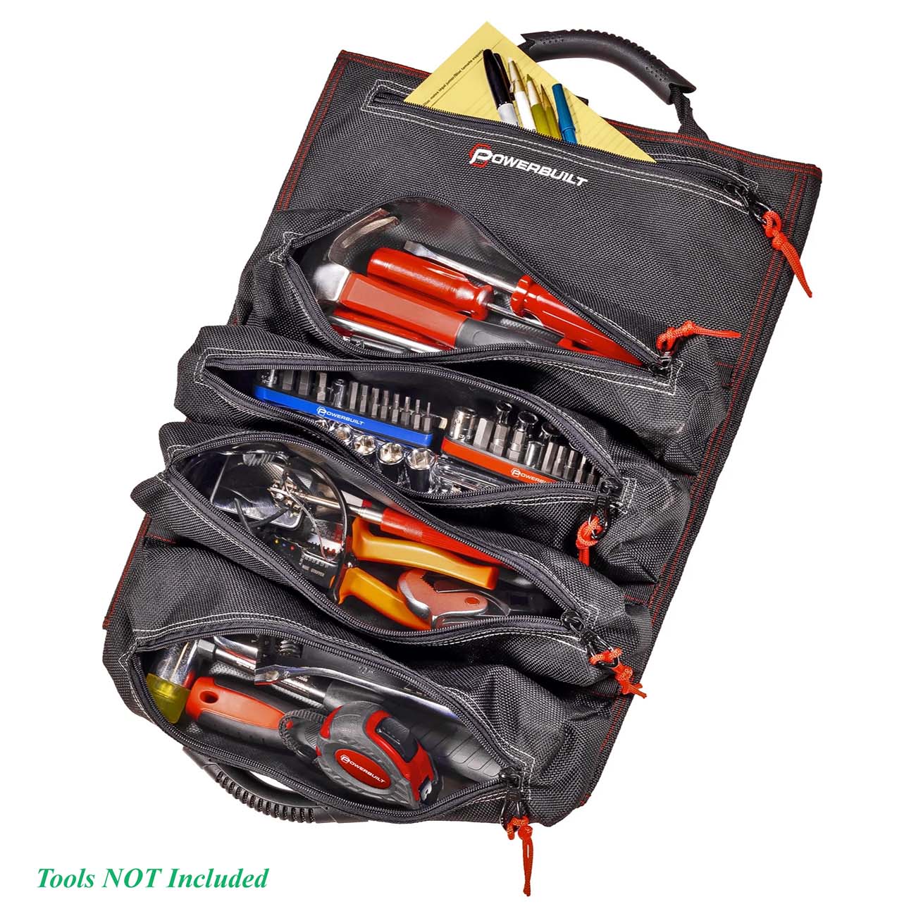 Powerbuilt Pro Tool Bag Roll Organizer, Portable, Great for Off-Road, Heavy Duty 1200D Polyester, 18-1/2 in. x 15 in. Open Size, Hanging Strap, Carry Handle, 5 Zipper Pockets, 14 Wrench Slots