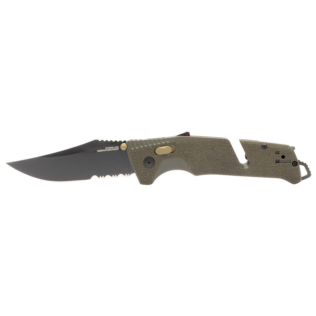 SOG Trident at Ambidextrous Professional Partially Serrated Folding Knife | Heat-Treated CRYO D2 Stainless Steel Blade, Olive Drab