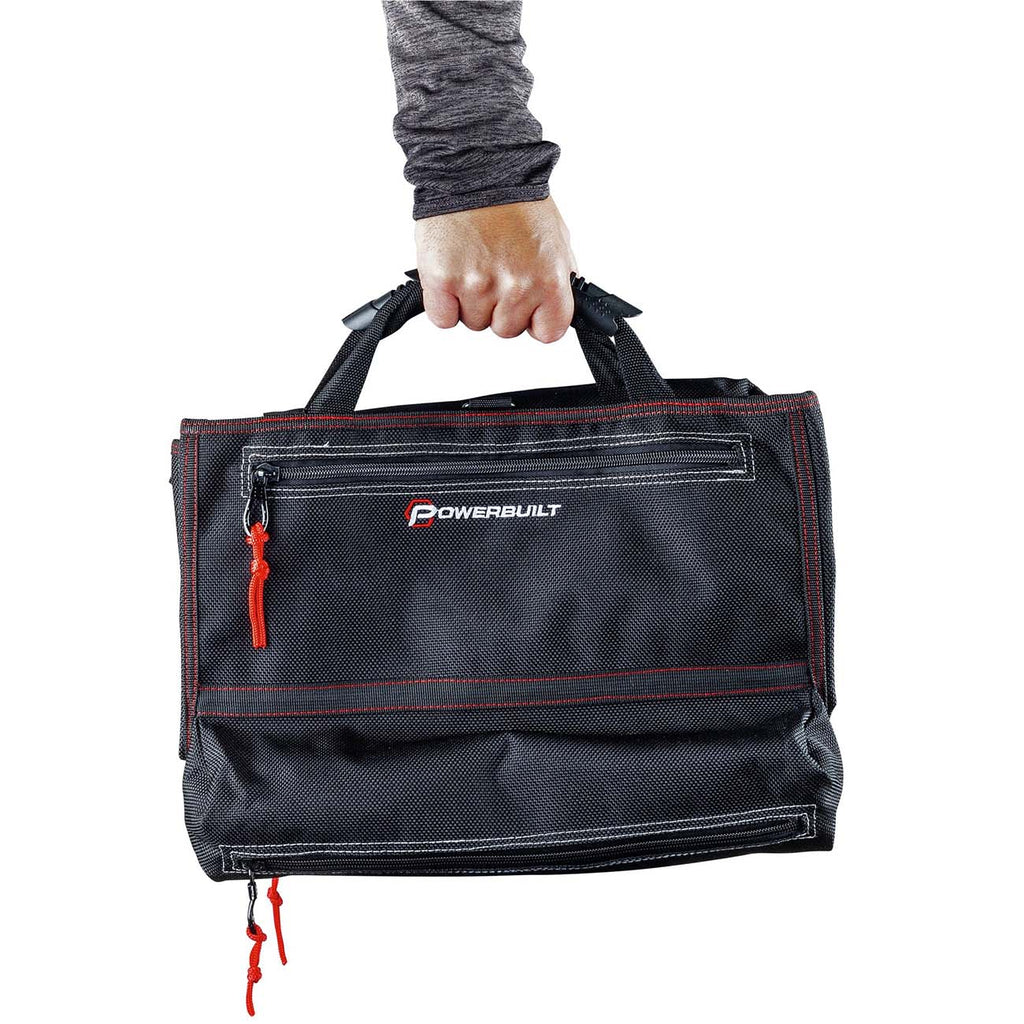 Powerbuilt Pro Tool Bag Roll Organizer, Portable, Great for Off-Road, Heavy Duty 1200D Polyester, 18-1/2 in. x 15 in. Open Size, Hanging Strap, Carry Handle, 5 Zipper Pockets, 14 Wrench Slots