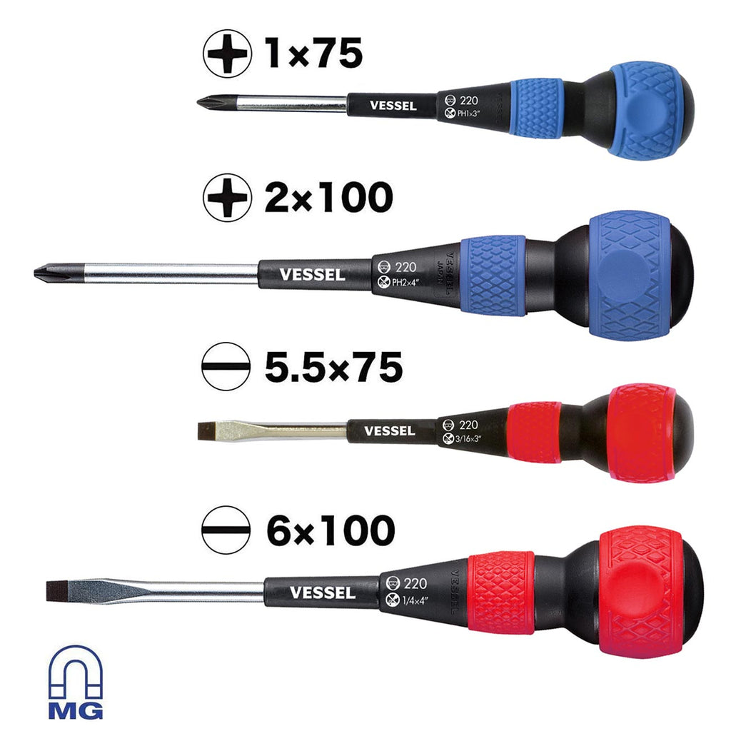 Vessel 2204PBU Ball Grip Screwdriver Set – 4 Piece Phillips & Slotted JIS Screwdriver Kit, Ergonomic Ball Handle, Magnetized Tips, Professional Hand Tool Set
