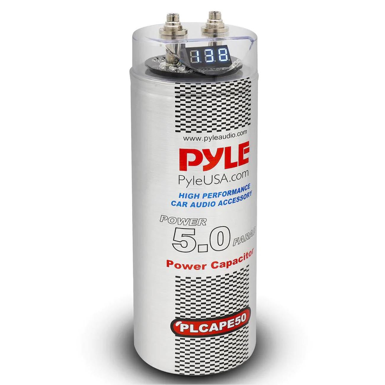 Pyle 5.0 Farad Digital Power Capacitor - High-Performance Car Audio Accessory with Blue Digital Display, Voltage Readout, Over Voltage Protection, Mounting Hardware, DC 12-24V - PLCAPE50