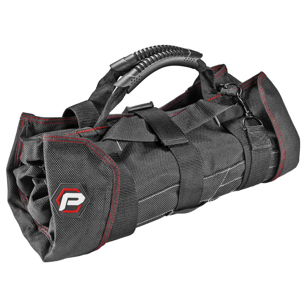 Powerbuilt Pro Tool Bag Roll Organizer, Portable, Great for Off-Road, Heavy Duty 1200D Polyester, 18-1/2 in. x 15 in. Open Size, Hanging Strap, Carry Handle, 5 Zipper Pockets, 14 Wrench Slots