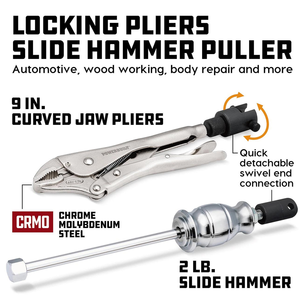 Powerbuilt Slide Hammer Locking Pliers Set, 9 inch Locking Pliers, Sturdy 2 Pound Slide Hammer with a Quick Release Swiveling Coupler, Quick Connect Flex Joint Connection - 645044