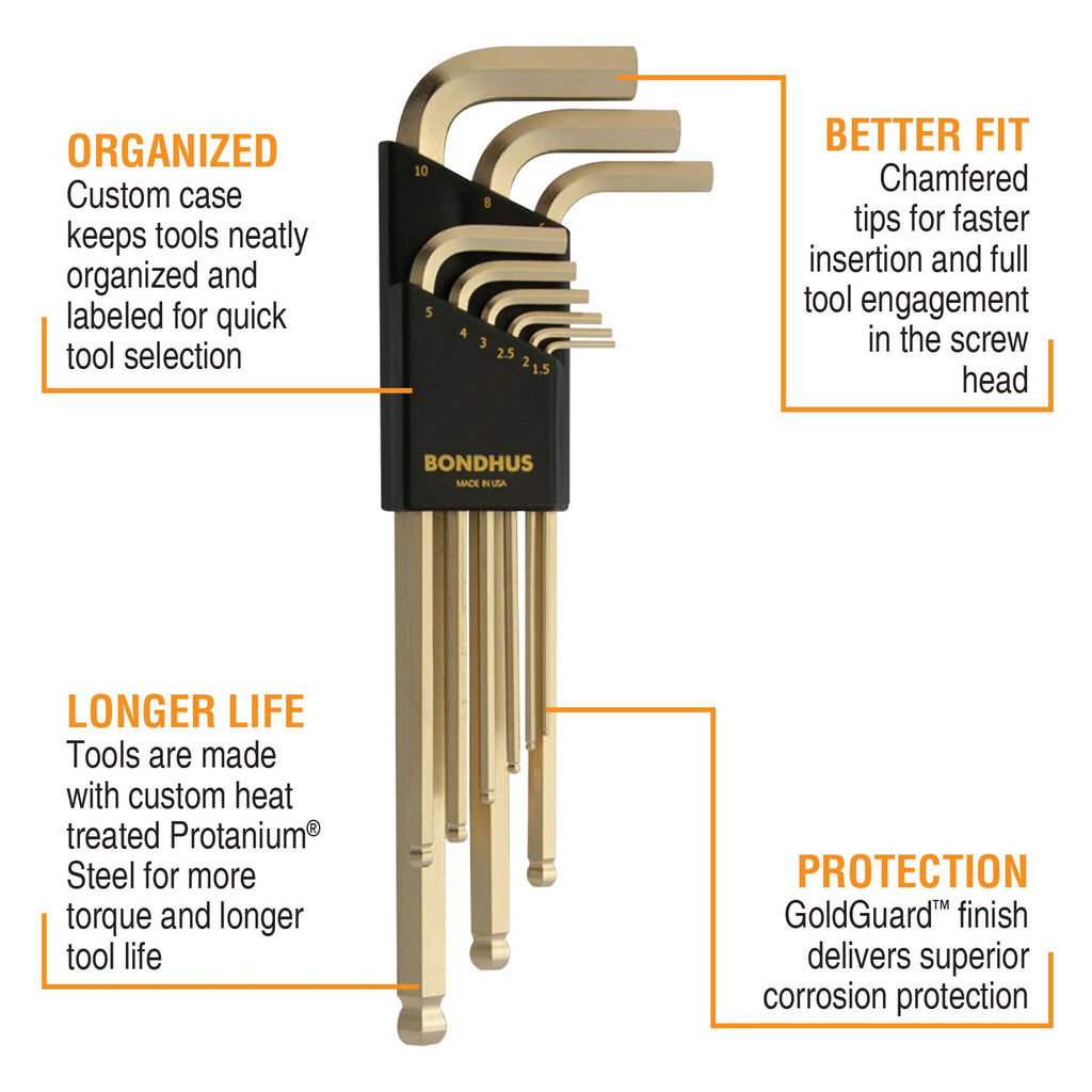 Bondhus 38099 GoldGuard Ballpoint L-Wrench Set - 9 Pc. Metric