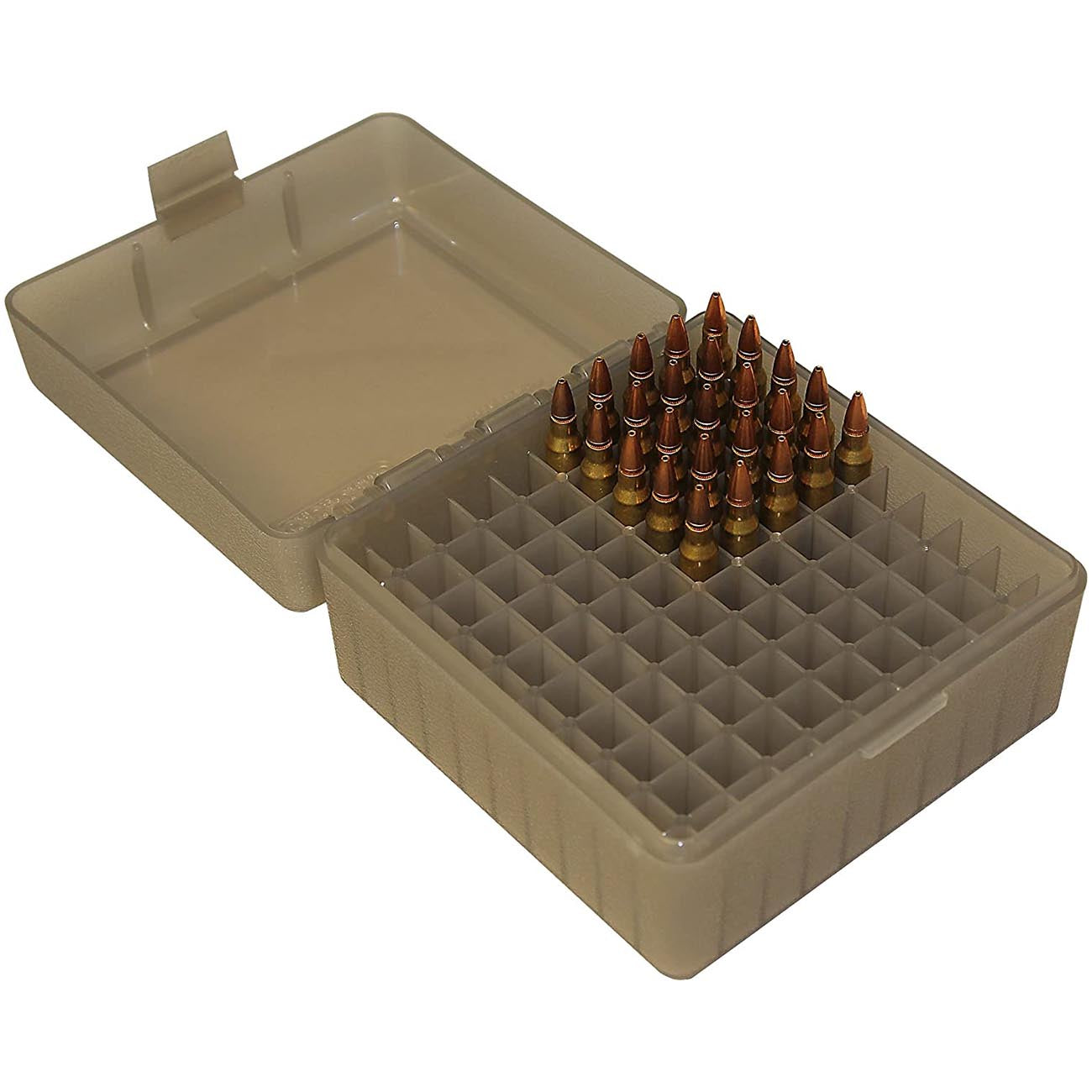 MTM RS-100-41 100 Round Rifle Ammo Box | Flip-Top | 223 204 Ruger 6x47 | Indestructible polypropylene, Snap-lock latch | USA Made | Clear Smoke