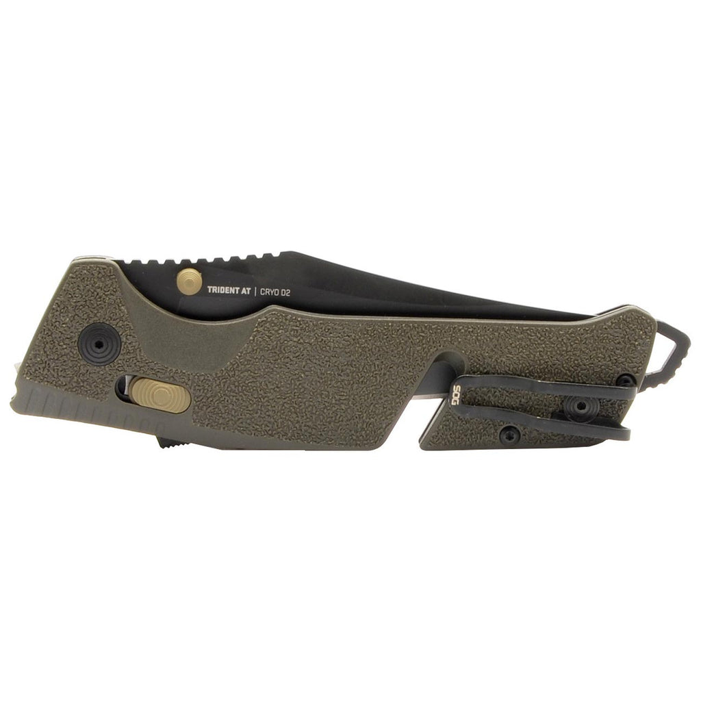 SOG Trident at Ambidextrous Professional Partially Serrated Folding Knife | Heat-Treated CRYO D2 Stainless Steel Blade, Olive Drab