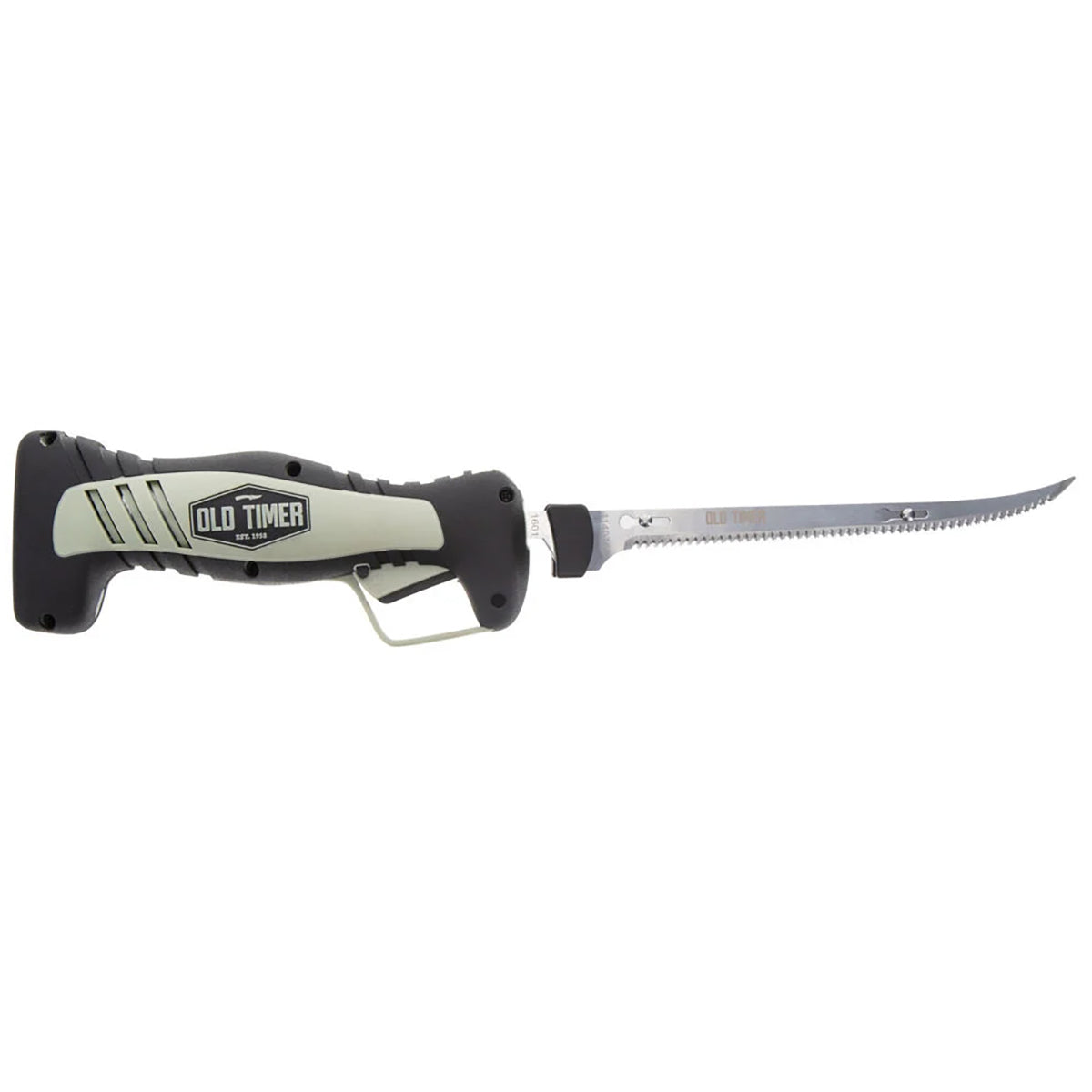 Old Timer Cordless Electric Fillet Knife with 8in Fully Serrated Stainless-Steel Blade, Trigger Lock, Rechargeable Battery, and Self Draining Case for Fishing, Meat Carving, Filleting, and Outdoors