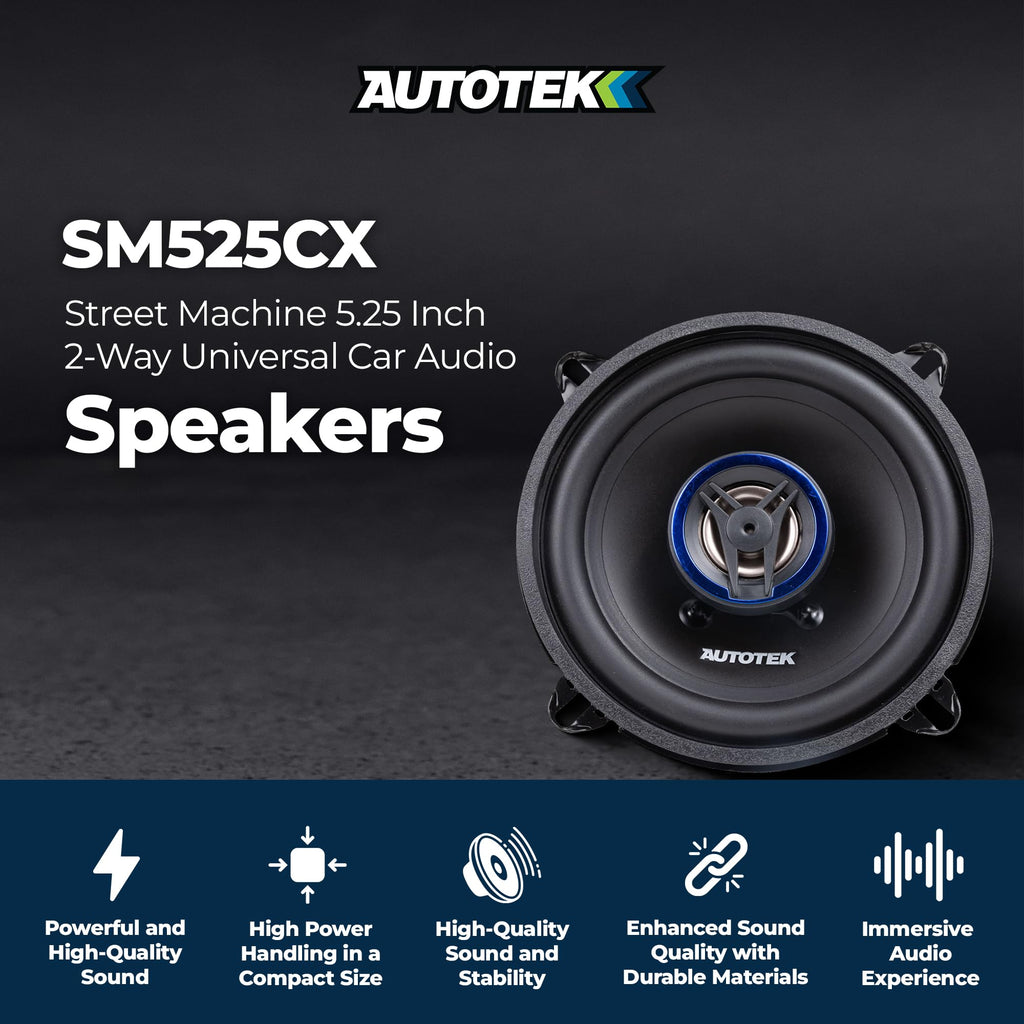 Autotek Street Machine 250W 5.25 Inch 2 Way Car Audio Coaxial Speakers with Neo Mylar Soft Dome Tweeters for Crystal Clear Sound, Pair