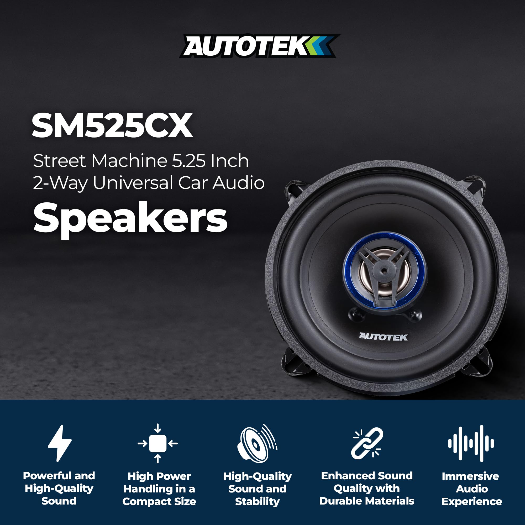 Autotek Street Machine 250W 5.25 Inch 2 Way Car Audio Coaxial Speakers with Neo Mylar Soft Dome Tweeters for Crystal Clear Sound, Pair