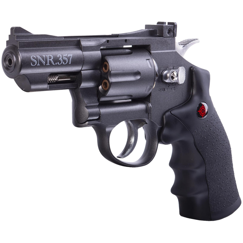 Crosman SNR357 Snub Nose CO2 Revolver for Pellets and BBs - Dual Ammo 6-Shot Swing Out Cylinder, Full Metal Body, Adjustable Sights - Black/Grey