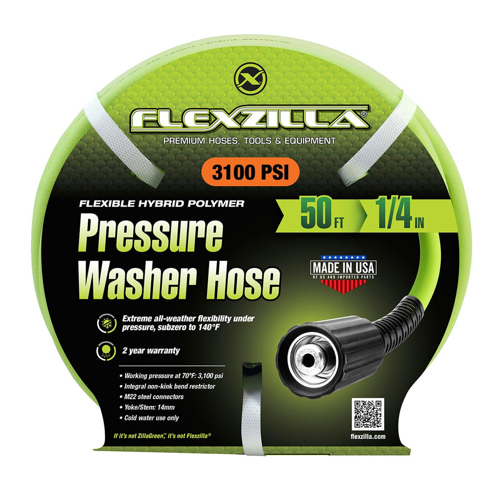 Flexzilla Pressure Washer Hose with M22 Fittings, 1/4 in. x 50 ft., ZillaGreen - HFZPW3450M-E