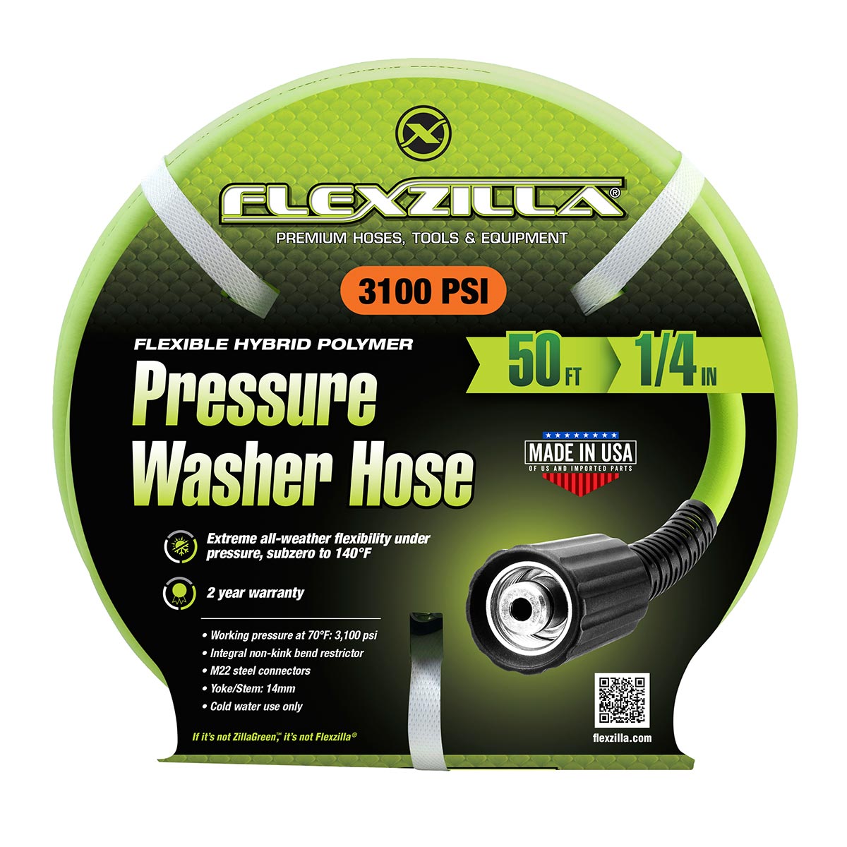 Flexzilla Pressure Washer Hose with M22 Fittings, 1/4 in. x 50 ft., ZillaGreen - HFZPW3450M-E