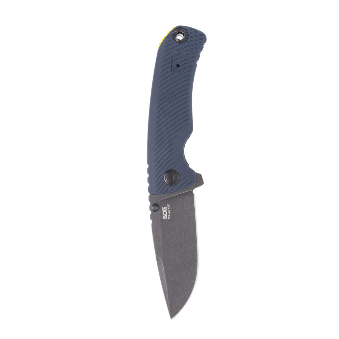 SOG Tellus ATK Outdoor Assisted Opening Frame Lock Folding Knife| Ambidextrous GRN Handle | CRYO 440C Stainless Steel Blade | Adjustable Belt Clip, Squid Ink/Yellow