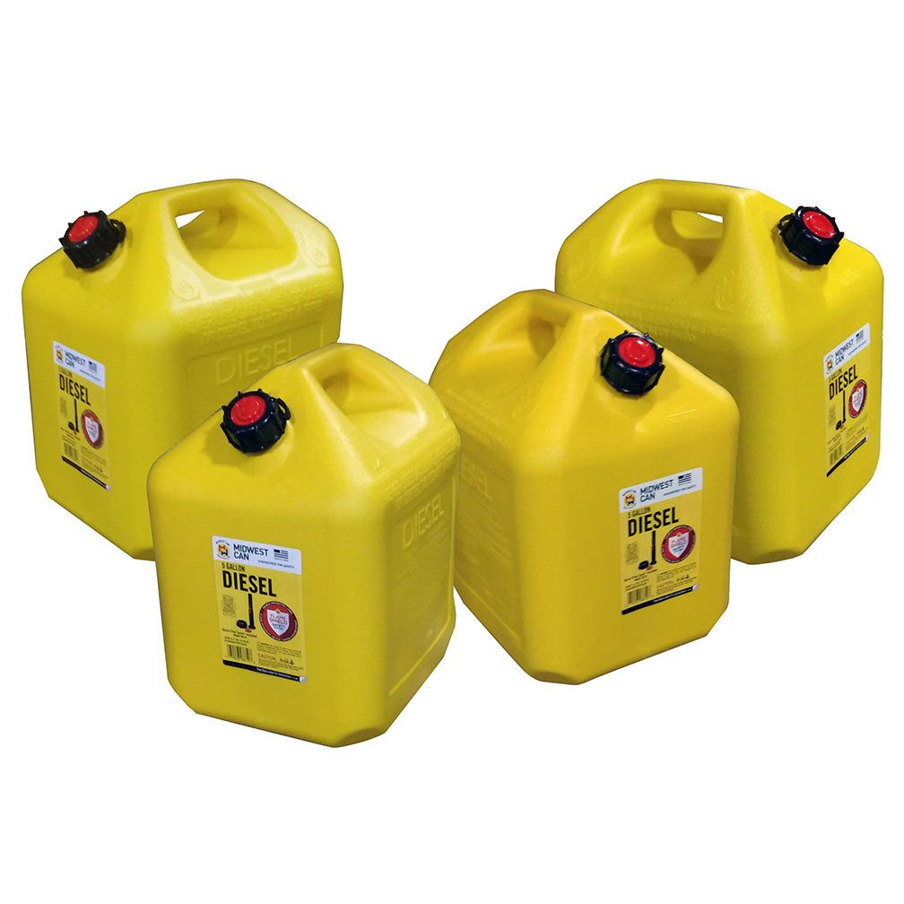 Midwest Can 8610 Safe-Flo Auto Shut Off 5 Gallon Diesel Can Yellow Plastic Fuel Container with FlameShield Safety System & Quick-Flow Spout - 1 Pack